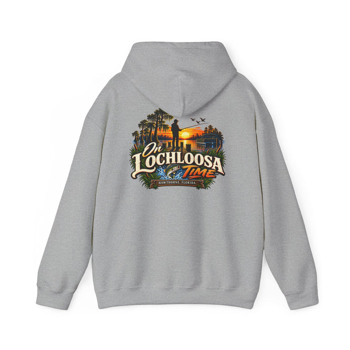 On Lochloosa Time hoodie, back view with large fisherman-at-sunset print, in Sport Grey