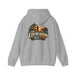 On Lochloosa Time hoodie, back view with large fisherman-at-sunset print, in Sport Grey