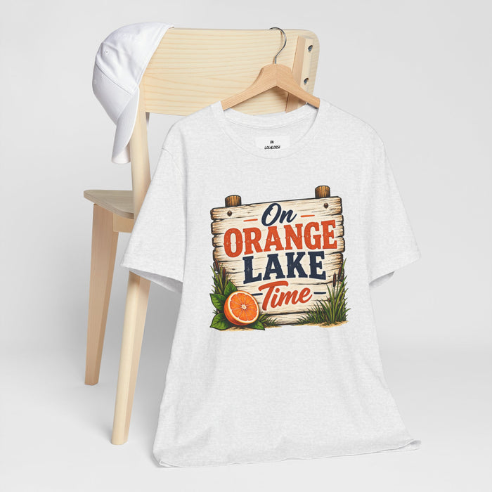 On Orange Lake Time T‑Shirt — Vintage Lakeside Orange Slice Tee
