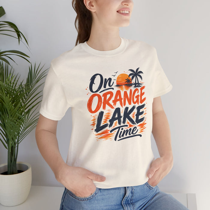 On Orange Lake Time T‑Shirt — Retro Sunset Palm Lake Shirt