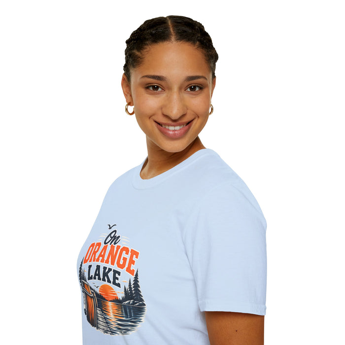 On Orange Lake T-Shirt — Retro Sunset Cabin Lake Shirt for Campers & Nature Lovers