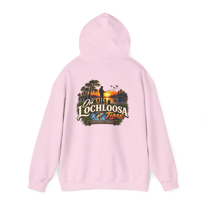 On Lochloosa Time hoodie, back view with large fisherman-at-sunset print, hood up, in Light Pink