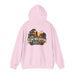 On Lochloosa Time hoodie, back view with large fisherman-at-sunset print, hood up, in Light Pink