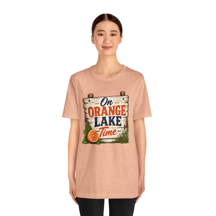 On Orange Lake Time T‑Shirt — Vintage Lakeside Orange Slice Tee