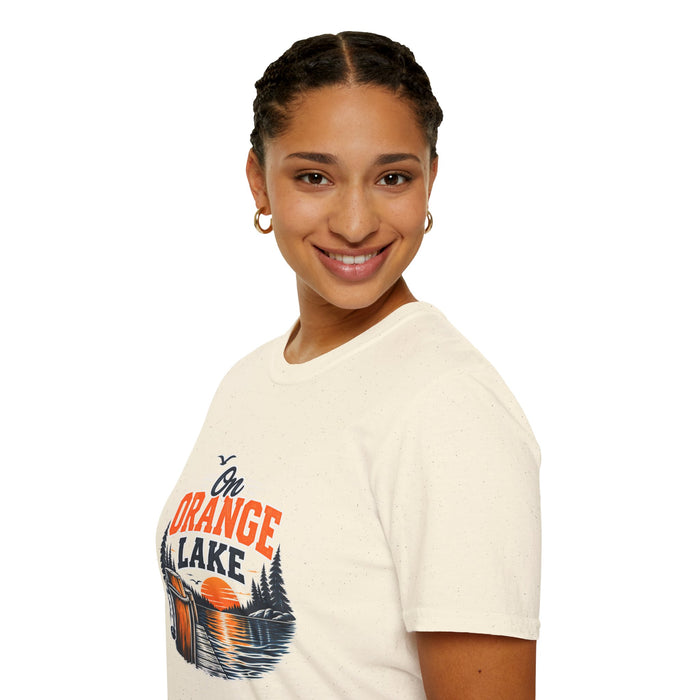 On Orange Lake T-Shirt — Retro Sunset Cabin Lake Shirt for Campers & Nature Lovers