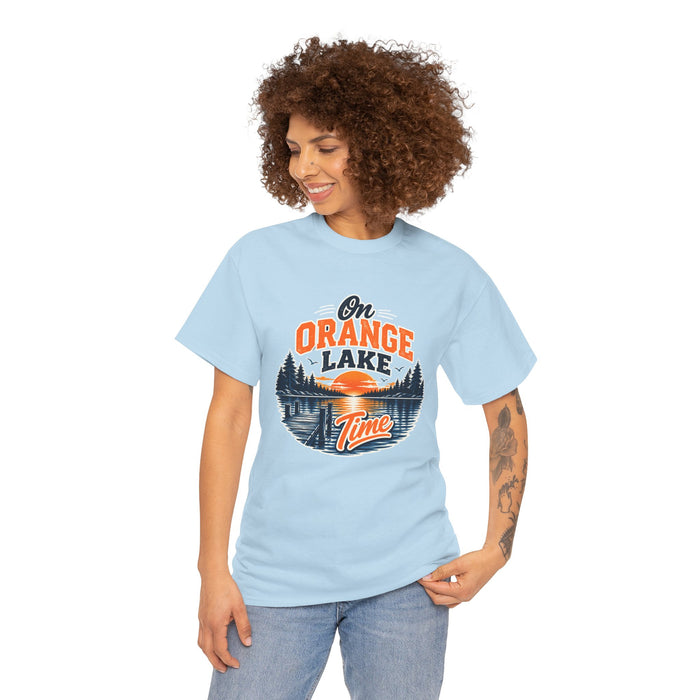 Lake T-Shirt — "On Orange Lake Time" Retro Sunset Fishing Tee
