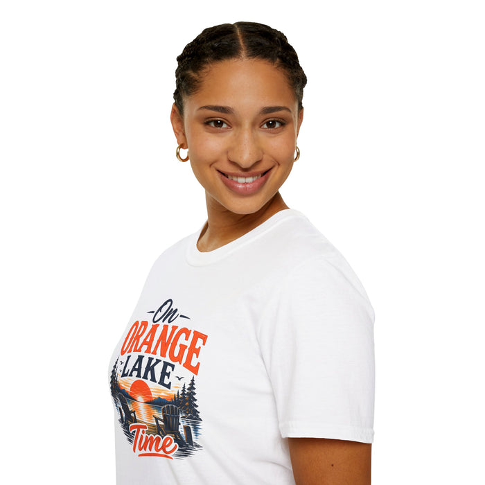 On Orange Lake T-Shirt — Retro Sunset Lake Graphic Tee
