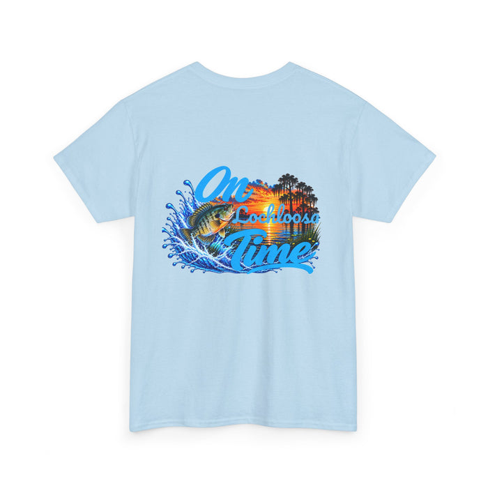T-Shirt — "On [Your Lake] Time" Personalized Sunset Shell Cracker (Back Design)