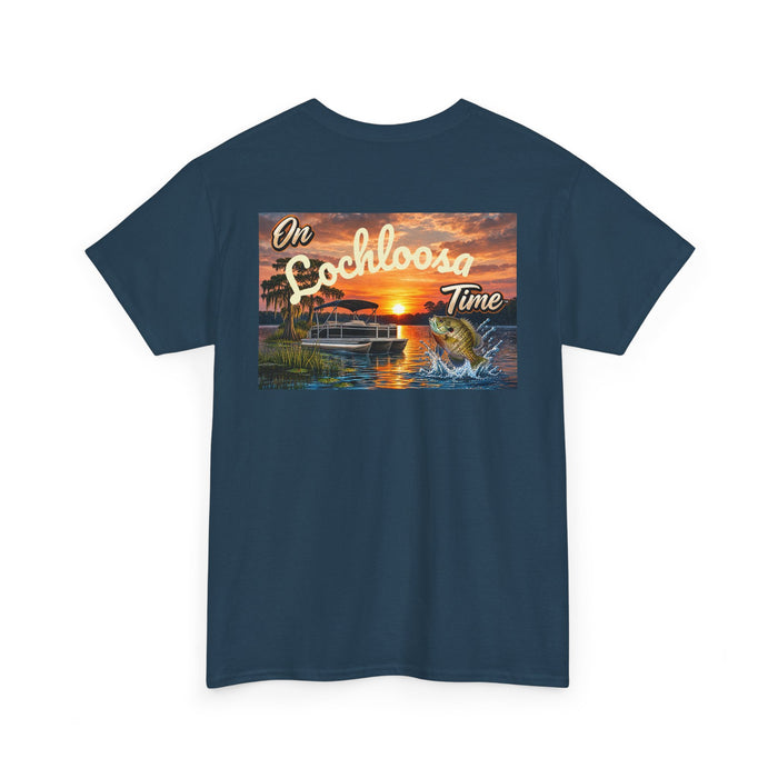 Personalized Sunset Tee — "On [Your Lake] Time" (Shell Cracker)