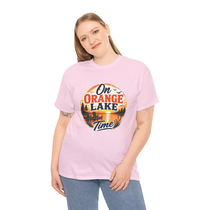 Lake T-Shirt — "On Orange Lake Time" Retro Sunset Tee