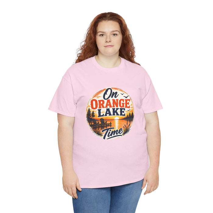 Lake T-Shirt — "On Orange Lake Time" Retro Sunset Tee