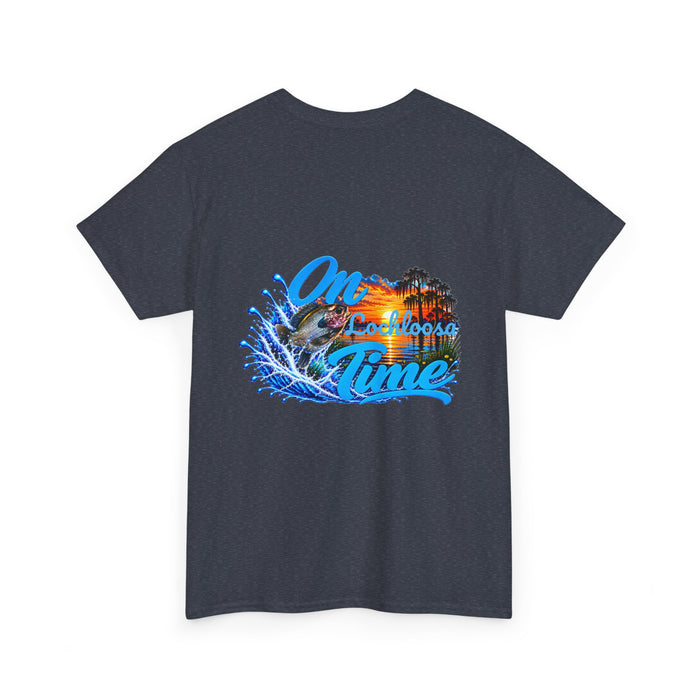 Cotton T-Shirt — “On [Your Lake] Time” Personalized Sunset Bluegill (Back Design)