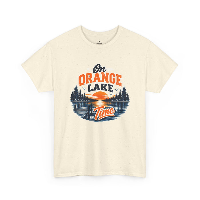 Lake T-Shirt — "On Orange Lake Time" Retro Sunset Fishing Tee
