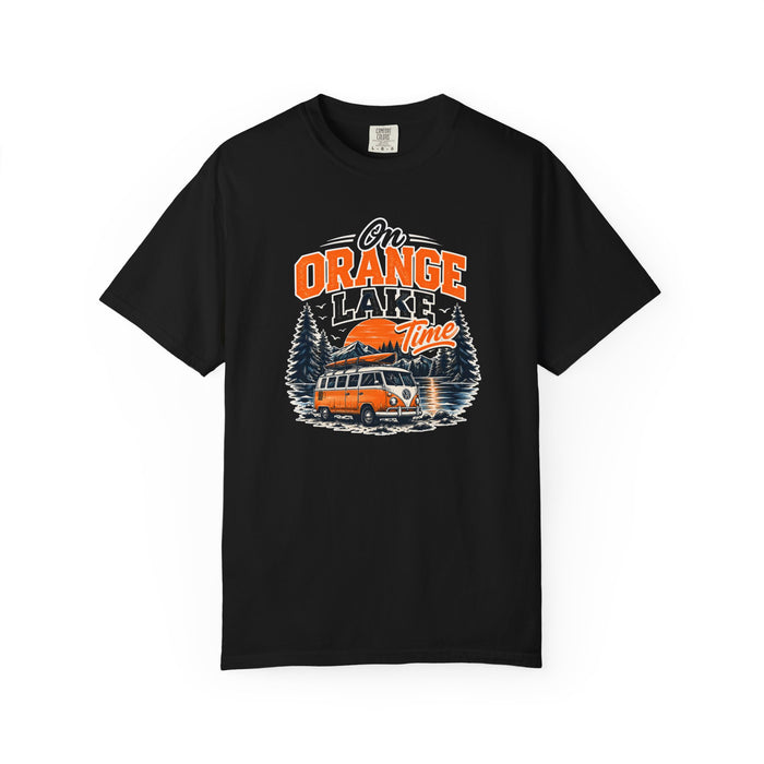 On Orange Lake Time T-Shirt – Retro VW Camper Lake Camping Tee