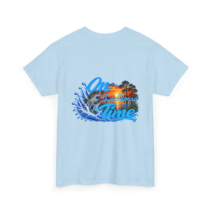 Cotton T-Shirt — “On [Your Lake] Time” Personalized Sunset Bluegill (Back Design)