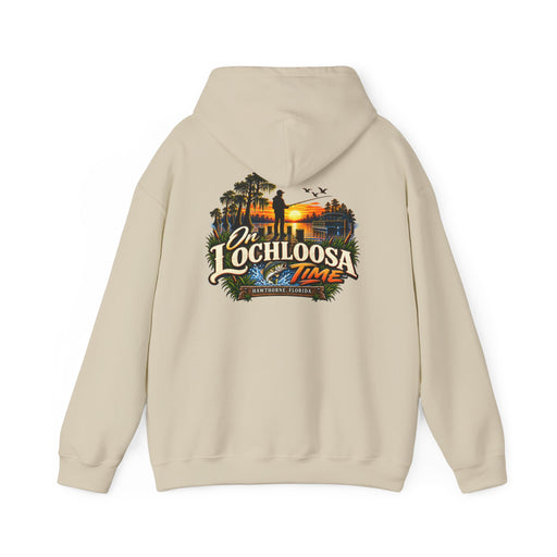 On Lochloosa Time hoodie, back view with large fisherman-at-sunset print reading 'On Lochloosa Time, Hawthorne, Florida', in Sand