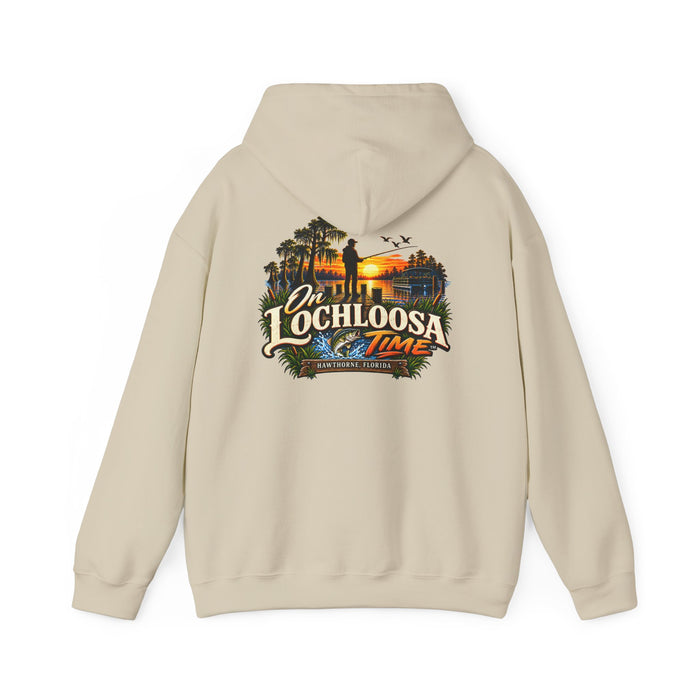 On Lochloosa Time hoodie, back view with large fisherman-at-sunset print reading 'On Lochloosa Time, Hawthorne, Florida', in Sand