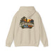 On Lochloosa Time hoodie, back view with large fisherman-at-sunset print reading 'On Lochloosa Time, Hawthorne, Florida', in Sand