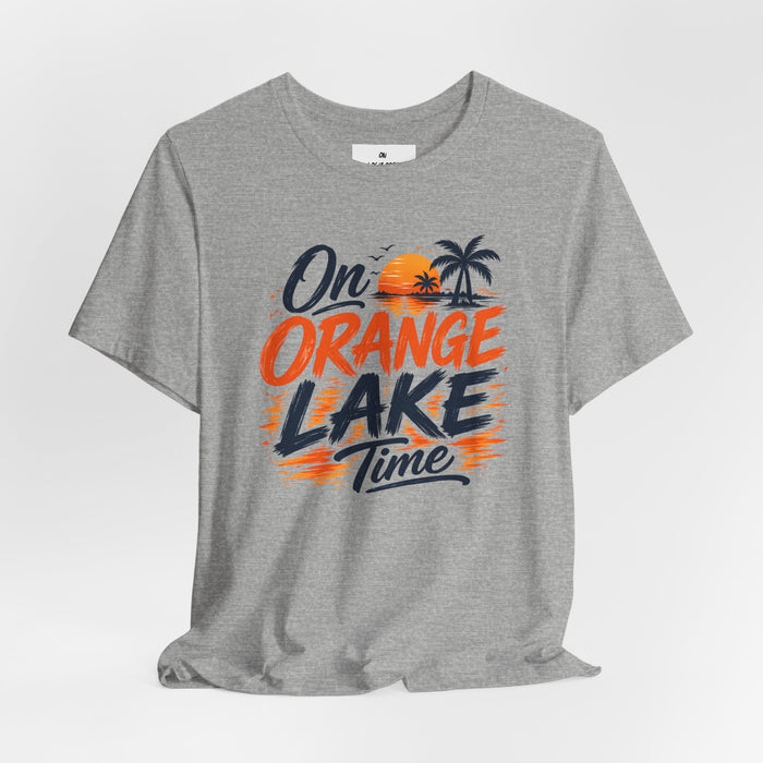 On Orange Lake Time T‑Shirt — Retro Sunset Palm Lake Shirt