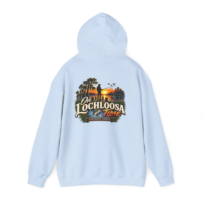 On Lochloosa Time hoodie, back view with large fisherman-at-sunset print, in Light Blue