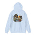 On Lochloosa Time hoodie, back view with large fisherman-at-sunset print, in Light Blue