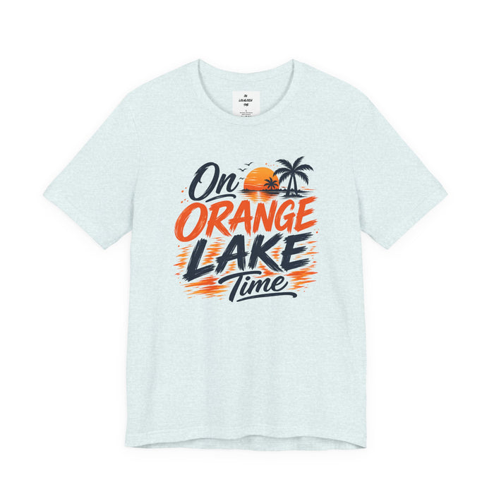On Orange Lake Time T‑Shirt — Retro Sunset Palm Lake Shirt