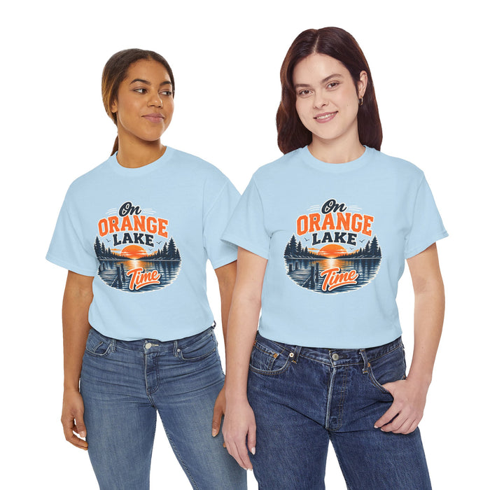 Lake T-Shirt — "On Orange Lake Time" Retro Sunset Fishing Tee