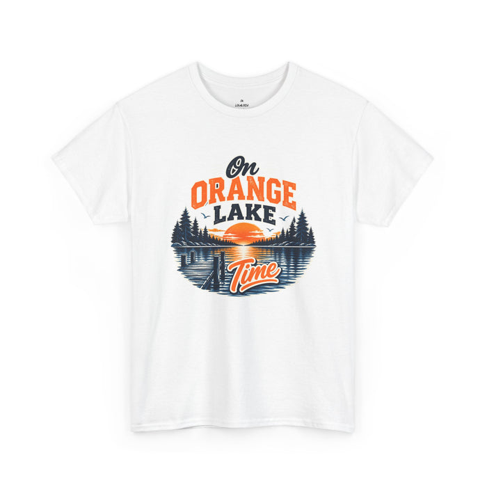 Lake T-Shirt — "On Orange Lake Time" Retro Sunset Fishing Tee