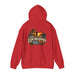 On Lochloosa Time hoodie, back view with large fisherman-at-sunset print, in Red