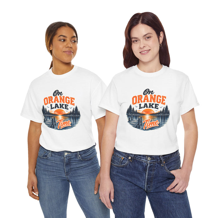 Lake T-Shirt — "On Orange Lake Time" Retro Sunset Fishing Tee