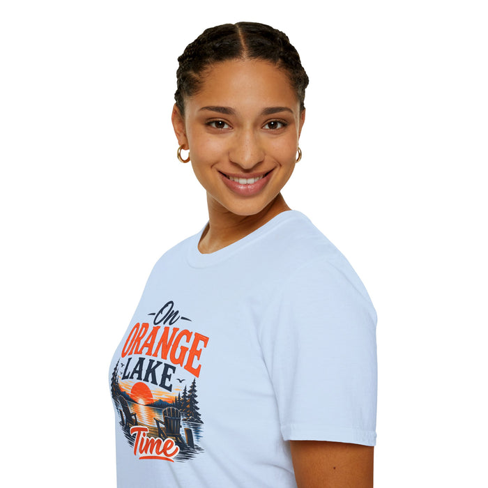 On Orange Lake T-Shirt — Retro Sunset Lake Graphic Tee