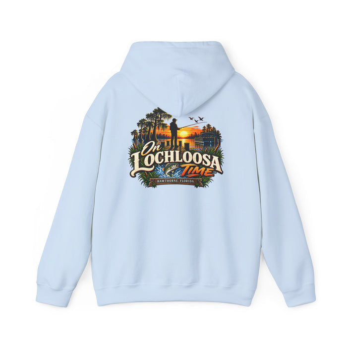 On Lochloosa Time hoodie, back view with large fisherman-at-sunset print, hood up, in Light Blue