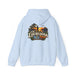 On Lochloosa Time hoodie, back view with large fisherman-at-sunset print, hood up, in Light Blue