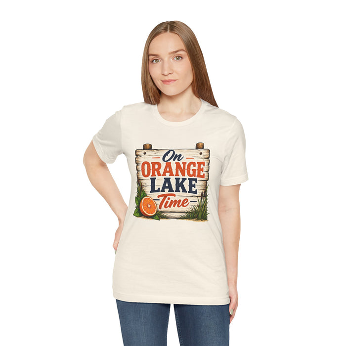 On Orange Lake Time T‑Shirt — Vintage Lakeside Orange Slice Tee