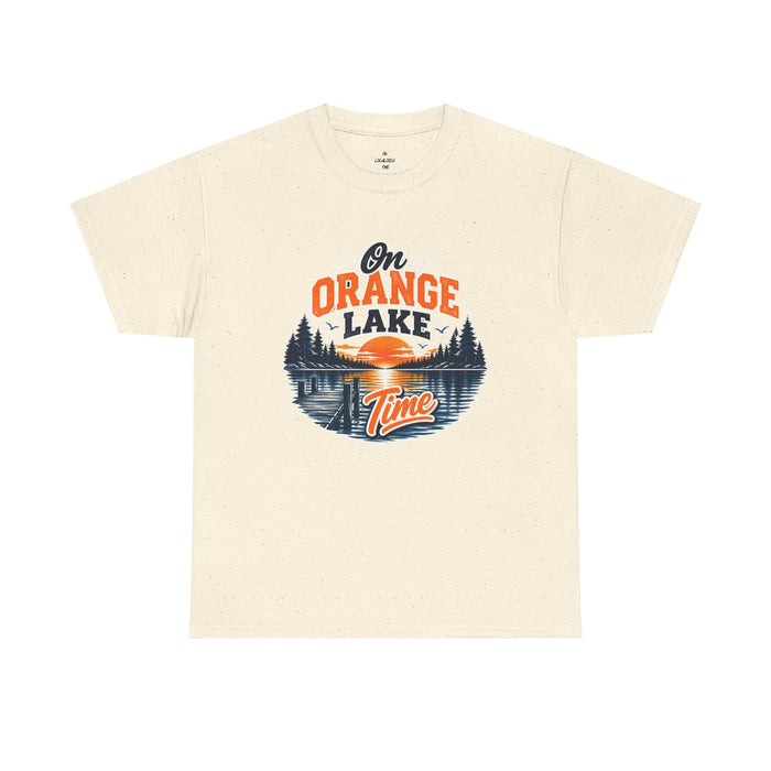 Lake T-Shirt — "On Orange Lake Time" Retro Sunset Fishing Tee