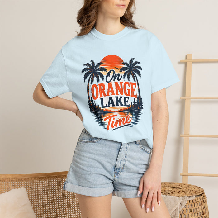 Lake Sunset T-Shirt — "On Orange Lake Time" Palm Tree Retro Tee