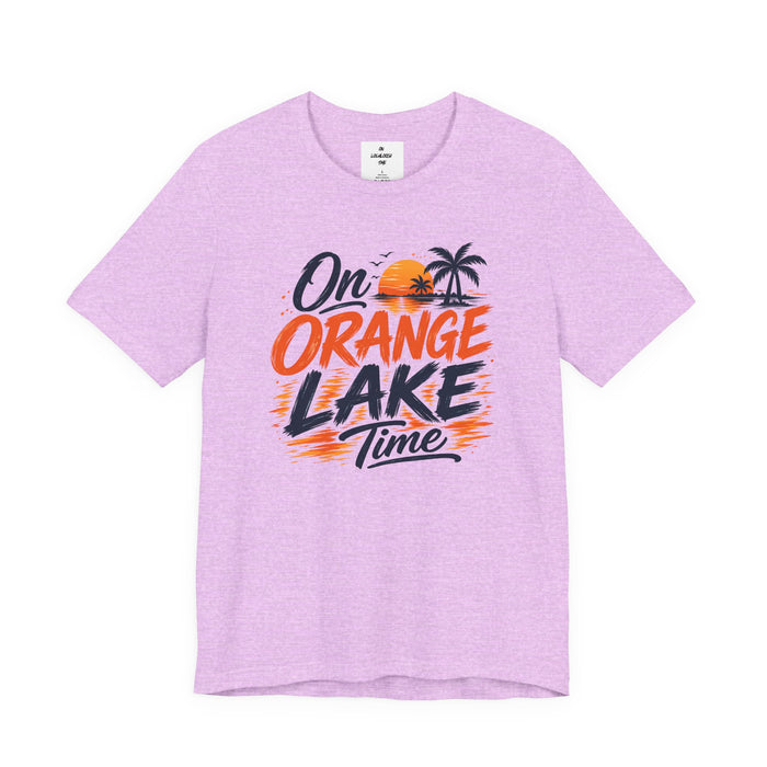 On Orange Lake Time T‑Shirt — Retro Sunset Palm Lake Shirt