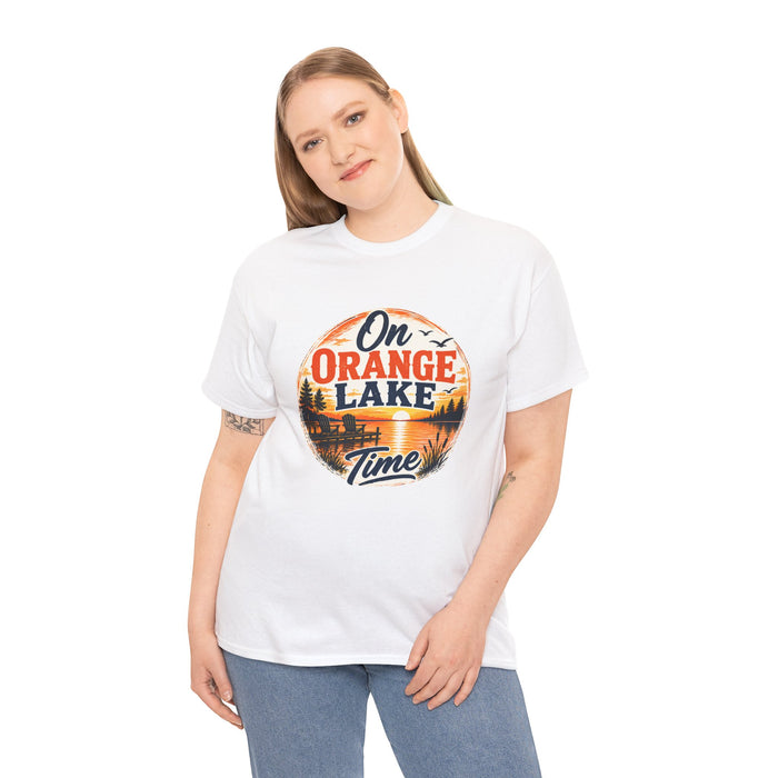 Lake T-Shirt — "On Orange Lake Time" Retro Sunset Tee
