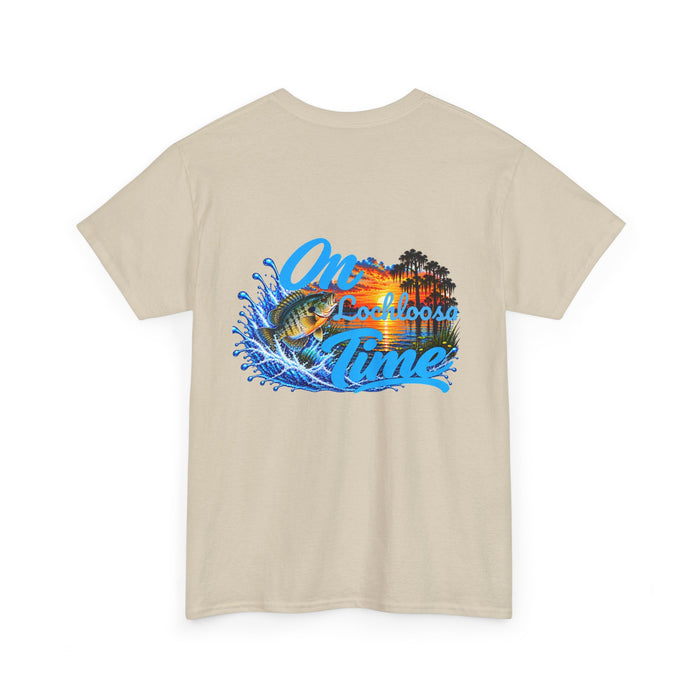 T-Shirt — "On [Your Lake] Time" Personalized Sunset Shell Cracker (Back Design)