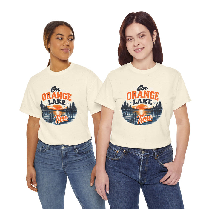 Lake T-Shirt — "On Orange Lake Time" Retro Sunset Fishing Tee