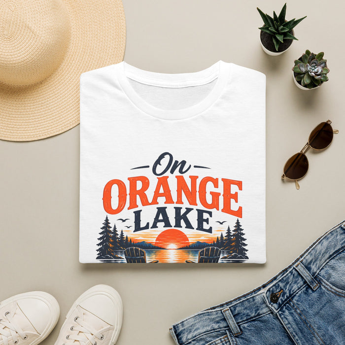 On Orange Lake T-Shirt — Retro Sunset Lake Graphic Tee