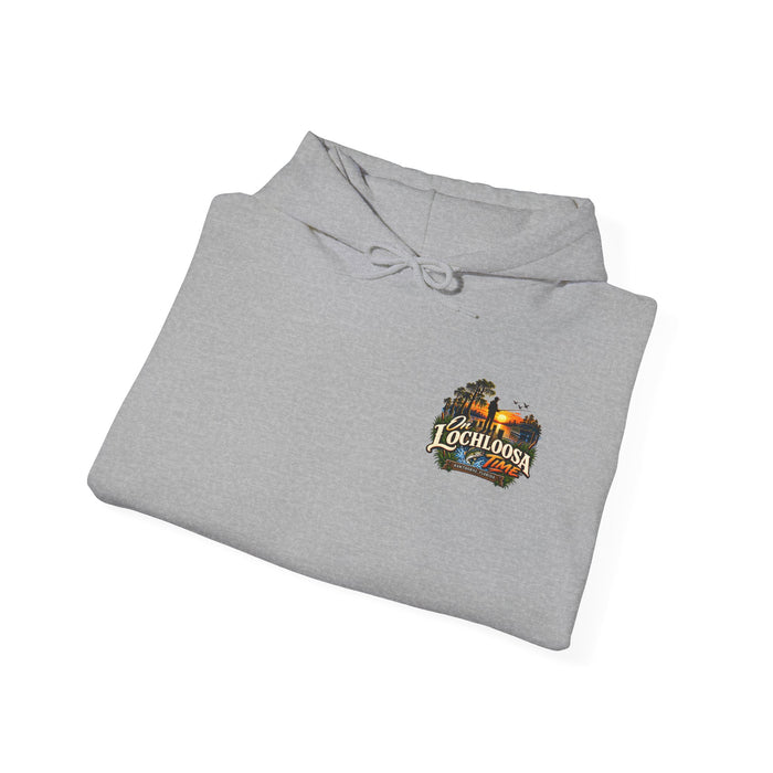 On Lochloosa Time hoodie, folded flat lay front view with small chest logo, in Sport Grey