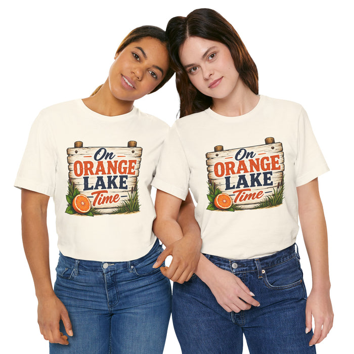 On Orange Lake Time T‑Shirt — Vintage Lakeside Orange Slice Tee