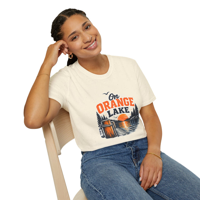On Orange Lake T-Shirt — Retro Sunset Cabin Lake Shirt for Campers & Nature Lovers